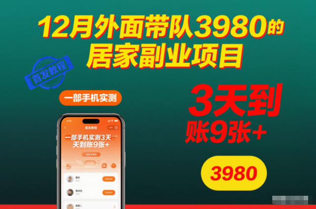 12月外面带队3980的居家副业项目，一部手机实测3天到账9张+，首发教程【揭秘】-清远网