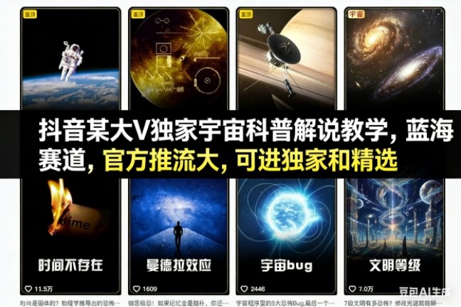 抖音某大V独家宇宙科普解说教学,蓝海赛道,官方推流大,可进独家和精选-清远网