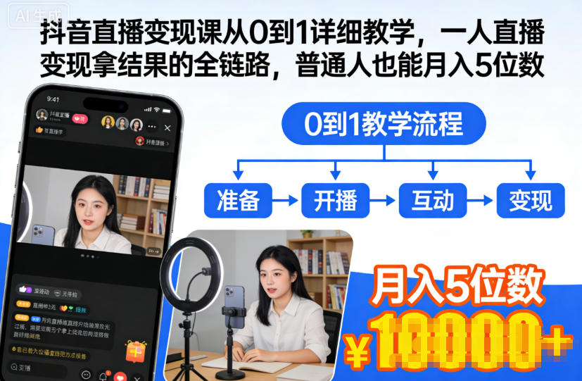 抖音直播变现课从0到1详细教学，一人直播变现拿结果的全链路，普通人也能月入5位数-清远网