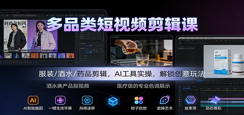 多品类短视频剪辑课:服装/酒水/药品剪辑,AI工具实操,解锁创意玩法-清远网