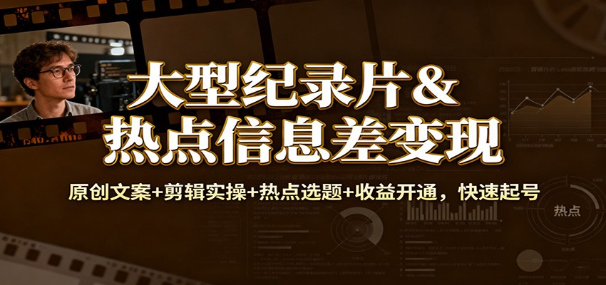 大型纪录片&热点信息差变现：原创文案+剪辑实操+热点选题+收益开通，快速起号-清远网